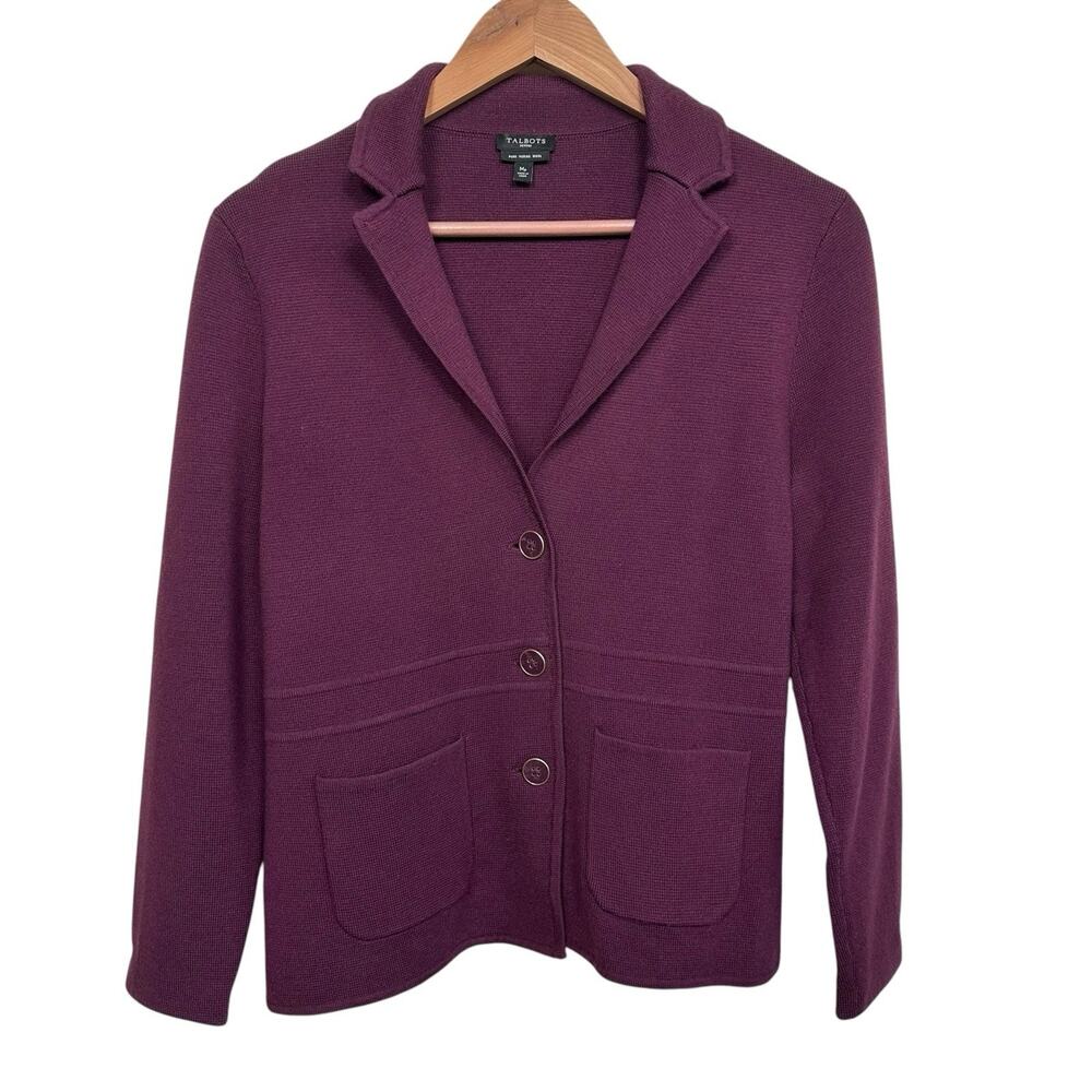 Talbots Women’s Plum Pure Merino Wool Cardigan Sweater Blazer Top Size Petite M